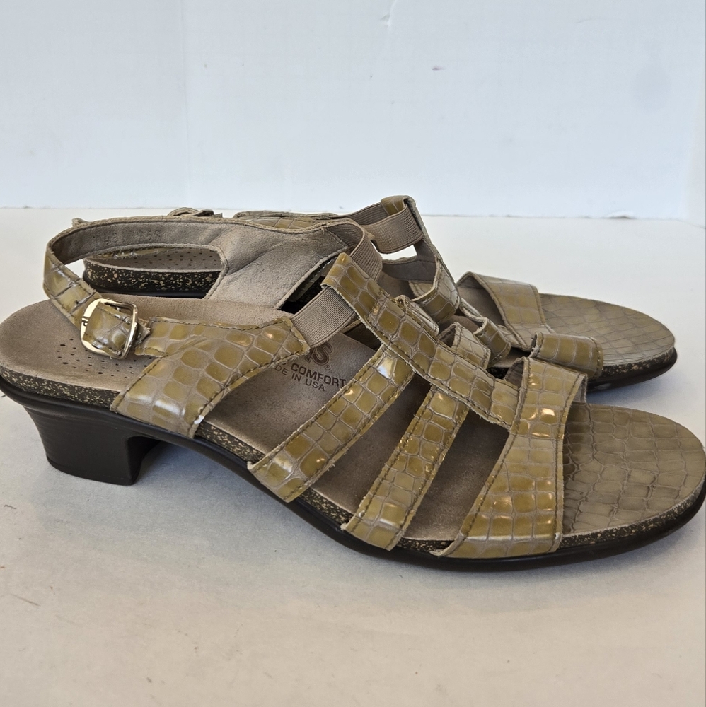 SAS Olive and Beige Croc-Embossed Sandals